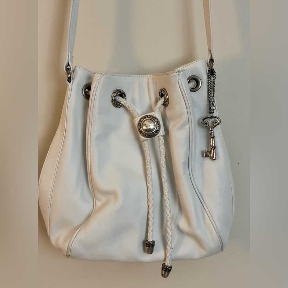 Vintage Fossil White Leather Bucket Purse w/Braided Drawstring & Silver Accents